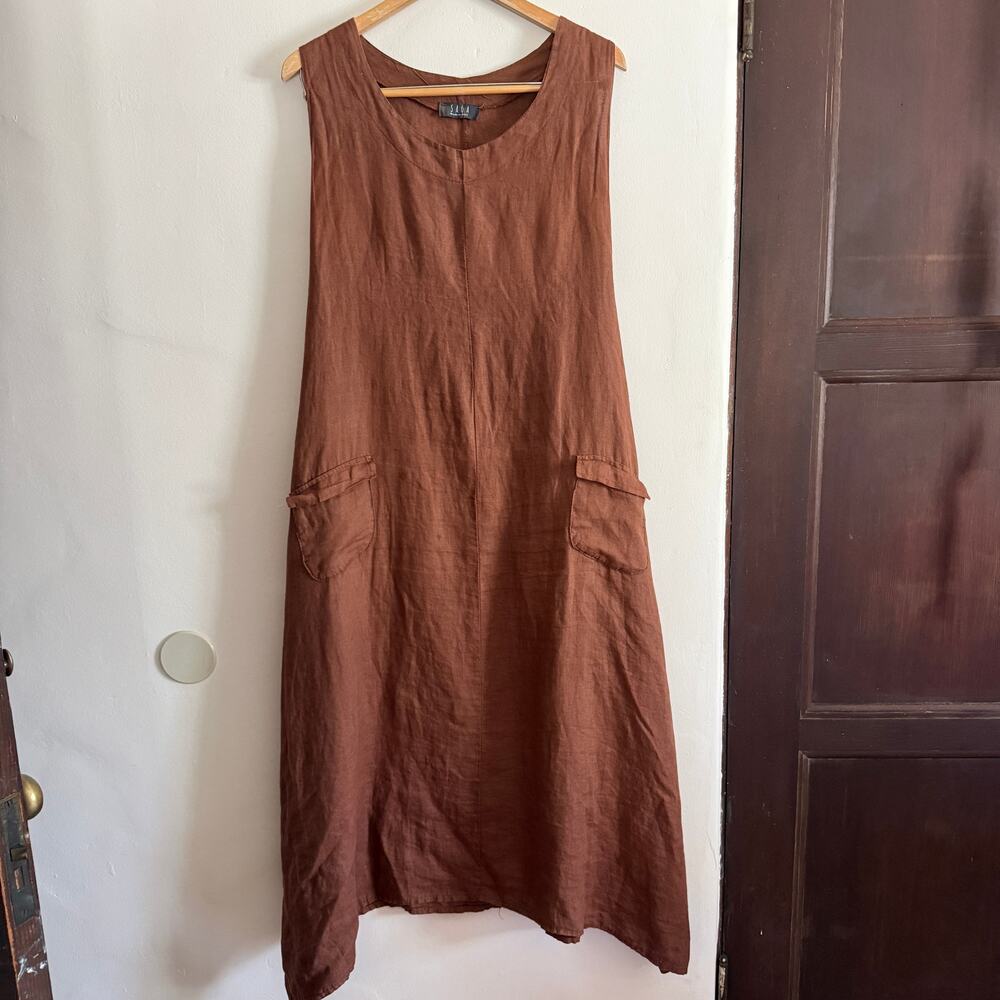 SAGA | Brown Linen Trapeze Sharkbite Hem Button back Lagenlook Dress | One Size